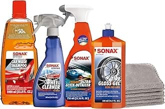 SONAX Premium Exterior Car Wash Kit | 5-Piece Complete Car Care Set | Car Wash Shampoo, High Speed Wax, Wheel Cleaner, Tire Gloss Gel & 3-Pack Microfiber Cloths | Professional Car Detailing Kit