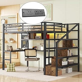 Full Size Loft Bed with Stairs and Desk, Metal Loft Bed Frame with Storage Shelves and Small Wardrobe, Heavy-Duty Loft Bed for Adults Teens and Kids, Black