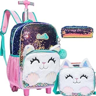 Meetbelify Cute Cat Rolling Backpack for Girls Backpacks with Wheels for Elementary School Students Kids 3 in 1 Travel Luggage Suitcase with Lunch Box Pencil Case for Girls Age 8-10