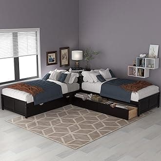 SOFTSEA L-Shaped Beds Frame with Trundle and Drawers for 3 Kids, Twin Corner Double Bed Wood Platform Frames with Storage Nightstand