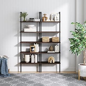 65501 Theo 5-Shelf Wood Modern Bookcase, Open Wall Mount Ladder Bookshelf with Industrial Metal Frame, Dark Walnut Brown/Black, Set of 2