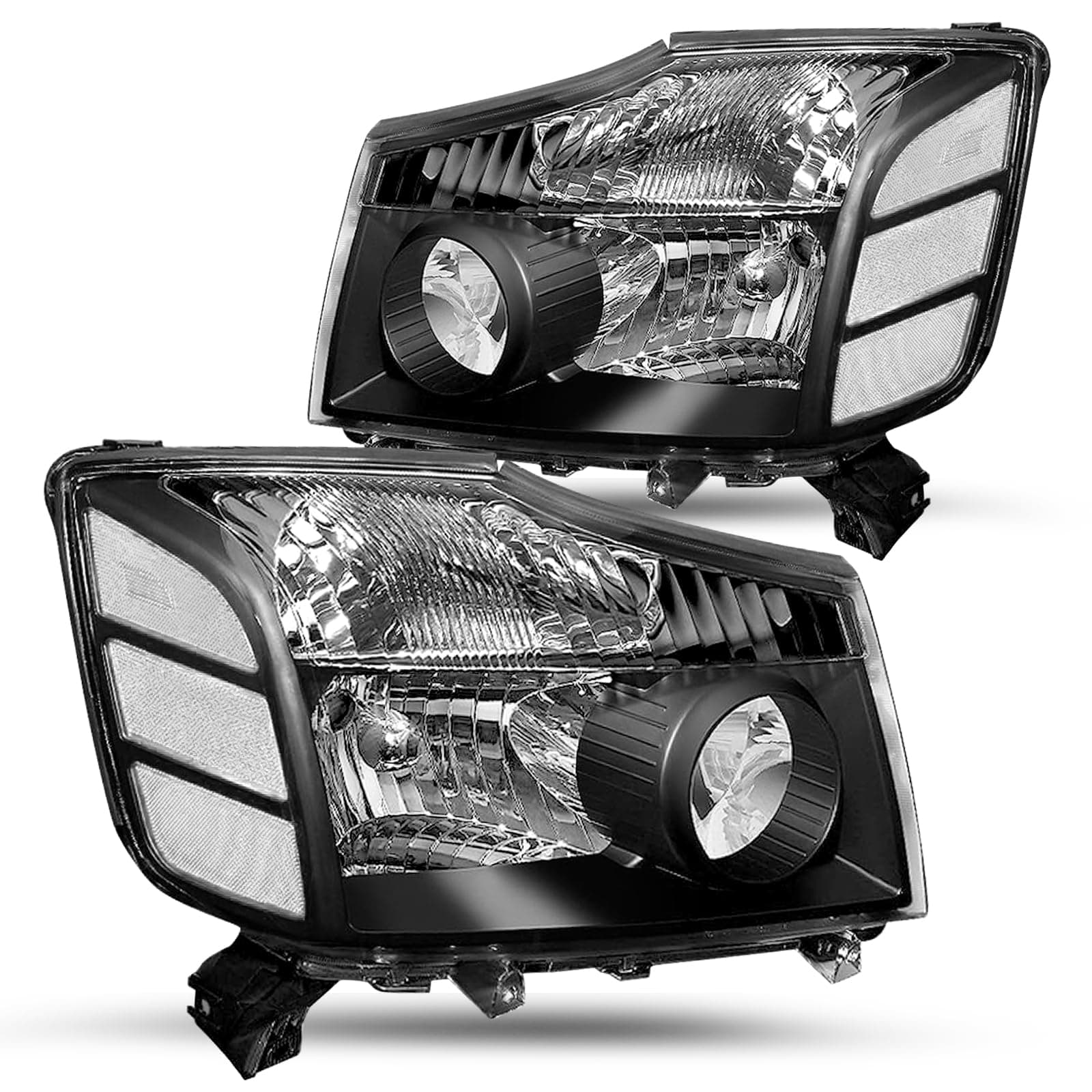 Headlight Assembly Compatible with 2004-2015 Titan / 05-07 Armada Halogen Headlamp Passenger and Driver Side Black Housing with Clear Reflector
