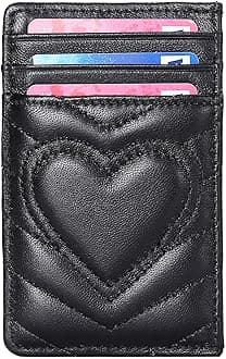 Quilted Leather Slim Credit Card Holder for Women - Small RFID Blocking Heart Card Case Wallet - Stocking Stuffers for Women, Teen Girl Gifts Trendy Stuff, Black, Small, Modern