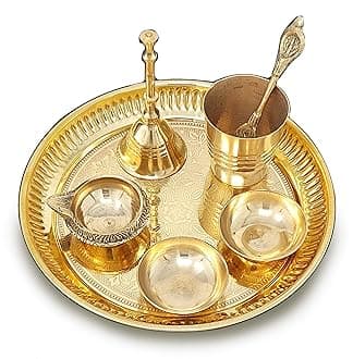 Brass Pooja Thali Set 6 Inch Puja Thali with Pital Plate Glass Pallu Bowl Diya Ghanti Arti Thali for Diwali Home Office Mandir Wedding Return Gift Items