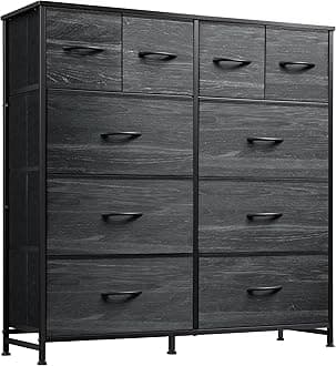 Dresser for Bedroom with 10 Fabric Drawers, Tall Chest Organizer Units for Clothing, Closet, Storage Tower with Cabinet, Metal Frame, Wooden Top, Charcoal Black Wood Grain Print