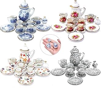 60 Pieces 1:12 Scale Miniatures Dollhouse Porcelain Tea Cup Set Include 15 Flower Pattern,15 Blue Porcelain,15 Plum Blossom and 15 Red Rose Teapot Cup Set Porcelain Accessories for Doll Toy Supplies