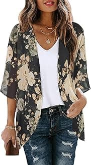 Women's Floral Print Puff Sleeve Kimono Cardigan Loose Cover Up Casual Blouse Tops