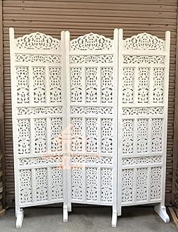 Wooden Room Divider Partition - Foldable Wood Screen Separator for Living Room, Bedroom, Office, Restaurant - Kangra Badrun, White (3 Panel with Stand)