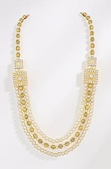 - 3 Layers White and Golden Glass Beads Base Dulha Moti Mala Haar Necklace for Men's (ML1108099GWhi)