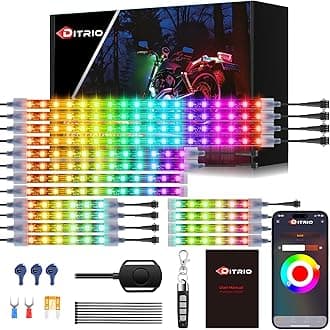 16Pcs Motorcycle Led Underglow Kit with Brake Turn Signal, Motorcycle RGB Lights with DITRIO APP/RF Remote Control, Dual Zone,12V Waterproof Pixelglow Effects for Motorcycles, Golf Carts, ATVs, UTVs
