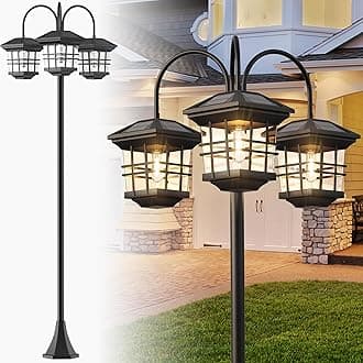 76" Classic Black Solar Lamp Post Lights - 3-Head Waterproof Outdoor Street Lights, Pole Light Decorative Lamp for Backyard, Garden, Driveway, Lawn (LED Bulbs Included)
