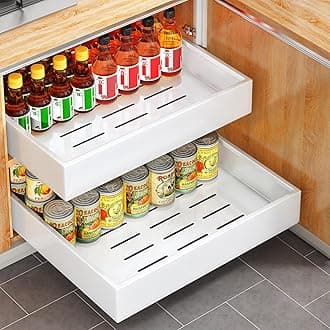 Pull Out Cabinet Organizer, SAYZH Slide Out Drawer Storage Shelves for Kitchen Cupboard, Roll-Out Extendable Sliding Drawer, (43 CM Depth x 40 CM Width x 9CM Height), White