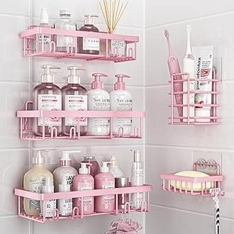 Liuoud 5 Pack Shower Caddy Organizer Rack Shelf for Inside Shower, Adhesive Bathroom Wall Storage Basket Rustproof Stainless Steel Shampoo Holder, Girly Bathroom Accessory Decor Set, Pink