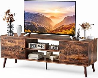 Sweetcrispy TV Stand for 55 60 inch TV, Modern Mid Century Entertainment Center with Storage Cabinet, Media Console Table for Living Room, Soft Hinge, Handle Door, Wooden Office Furniture, Brown