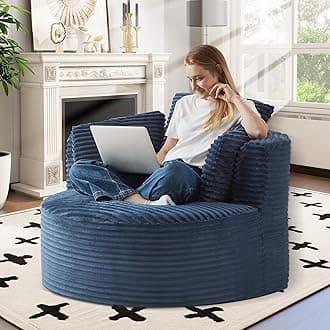 50 inch Oversized Round Chaise Longue Chair, Indoor Corduroy Sponge Single Boneless Sofa, Cloud Cushion Modern Sleeper Chair for Living Room,Projection Room, Wide Armrest Chairs (Blue)
