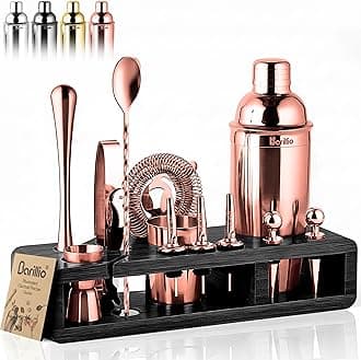 Rose Gold Bartender Kit - Stainless-Steel Cocktail Shaker Set w/Black Bamboo Stand - Mixology Bar Tools w/Drink Shaker, Mixer, Muddler for Cocktails - Home Bar Accessories - 23-Pc Bar Set