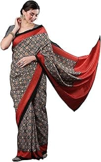 AKHILAM Women's Ajrak Block Print Dola Silk Saree With Unstitched Blouse Piece