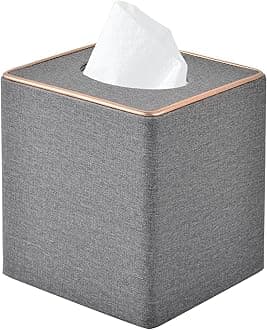 Linen Square Tissue Box Holder Cube Tissue Box Cover－Rosegold Leather Recorate,Napkin Holder Case Dispenser, Tissue Holders with Magnetic Bottom for Home Office Car Hotel Restaurant,Grey