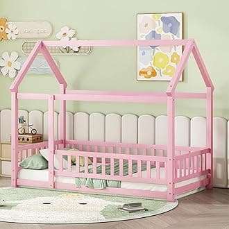 Twin Size House Bed Frame for Kids,Wooden Montessori Floor Bed with Fence and Roof,Floor Bed Frame Twin Size for Girls,Boys(Twin,Pink)