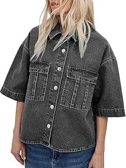 Imily Bela Womens Oversized Short Sleeve Denim Jackets Trendy Cropped Jean Tops Shackets