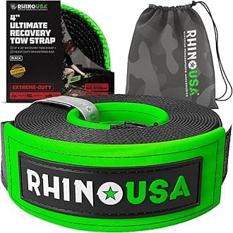Rhino USA Recovery Tow Strap (4" x 30') - 40,320lb Break Strength - Emergency Recovery Strap Tow Rope for Diesel Trucks, Backhoe, Excavators & More - Heavy Duty Towing Strap for Offroad 4x4 Use