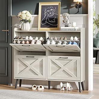 Maupvit Large Shoe Storage Cabinet with 4 Flip Drawers, Narrow Shoe Cabinet for Entryway with Wooden Legs, Freestanding Hidden Shoe Rack Organizer ＆ Metal Hinges, Beige