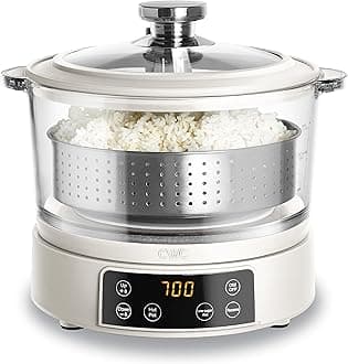 COOK WITH COLOR 3L Glass Mini Low Carb Rice Cooker – Holds 2 Cups Raw/Makes 6 Cups Cooked with Auto Lift Filter Basket, Hotpot & Steamer for Rice, Grains, Digital Panel with Keep Warm, Cream