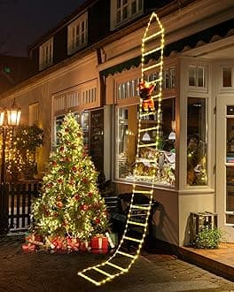 Christmas Decorations LED Ladder Lights with Climbing Santa Claus, 10ft Outdoor Christmas Decorative Lights - 8 Modes Xmas Lights Tree for Home Holiday Wall Window Xmas Decor (Warm White)