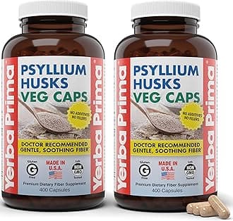 Yerba Prima Psyllium Husks Veg Caps, 400 Capsules (625mg) (Pack of 2) - Vegan, Non-GMO, Gluten Free, Colon Cleanser, Daily Fiber Supplement for Gut Health & Regularity