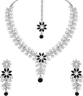Diamond Necklace Jewellery Set for Women with Earrings and Maang Tikka for Wedding, Party, Engagements & Festivals