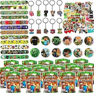 98 PCS Gaming Party Bag Fillers Gamer Party Favours with Gaming Keychain Party Bags Button Stickers Miner Party Supplies Goodie Bag Fillers for Kids Boys (Green-2)