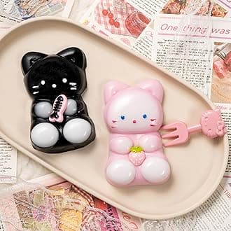 2pcs Big Squishy Cat Squeeze Toys, Kawaii Handmade Taba Squishies Toys Party Favors, Large Black Pink Kitty Squishy Sensory Fidget Toy Stress Relief for Adults