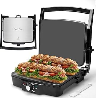 Panini Press Electric Griddle, Panini Grill Press Sandwich Maker Press, Grilled Cheese Maker, Sandwichera Electrical, Browning Control, Non Stick Surfaces, 4-Slices, Stainless Steel