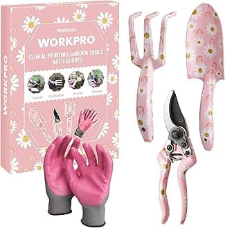 WORKPRO Aluminum Garden Tool Set, 4PCS Heavy Duty Gardening Tools with Box Include Trowel, Rake, Pruner, Gloves, Pink, Garden Gifts