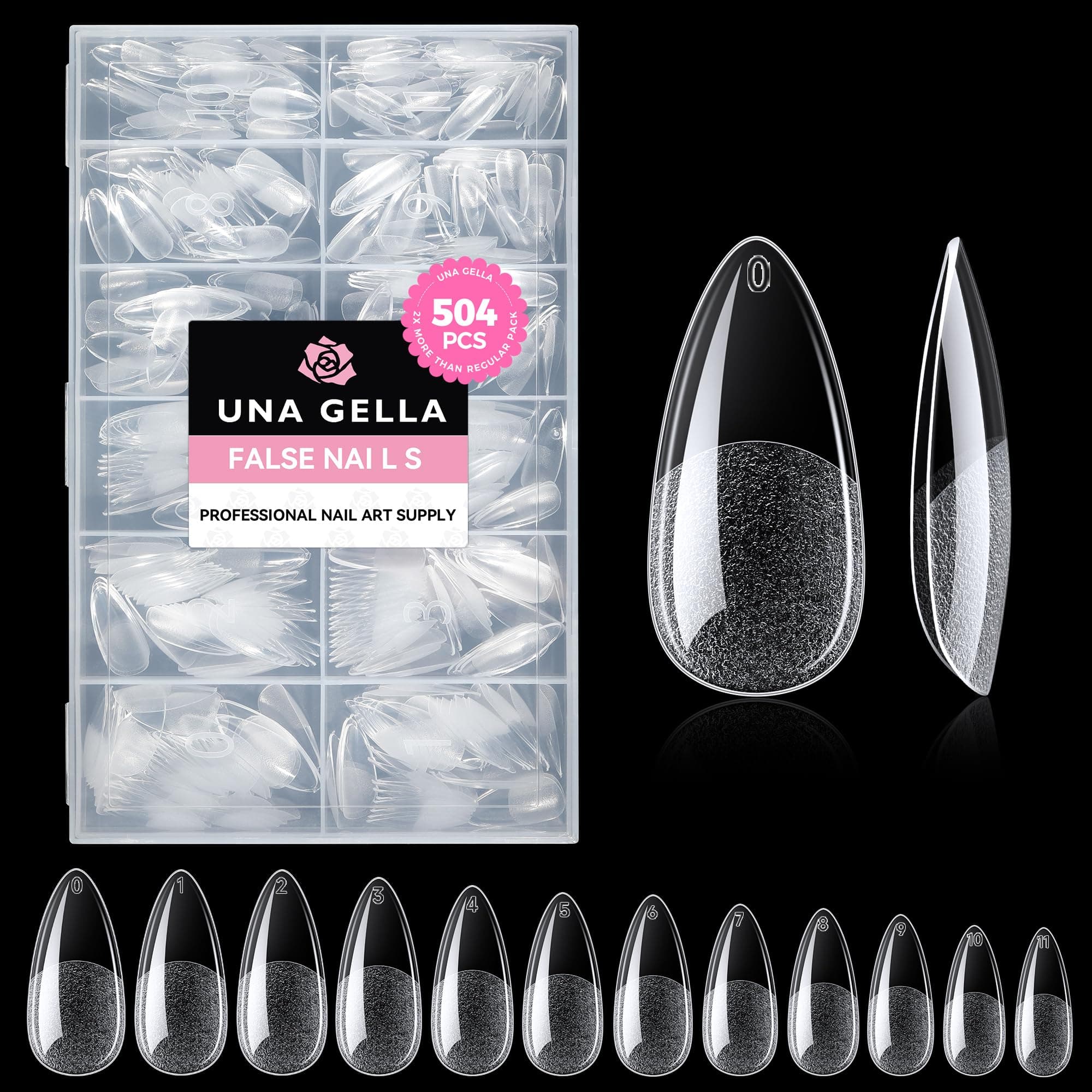 UNA GELLA Nail Tips, 504PCS Clear False Nail Medium Almond Shape For Gel Extensions - 12 Sizes Soft Acrylic Gel Press On Nails No C Curve Gift For Diy At Home