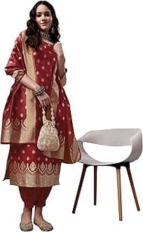 EthnicJunction Women's Embellished Woven Zari Work Banarasi Silk Straight Sleeveless Kurta Pant with Dupatta Set