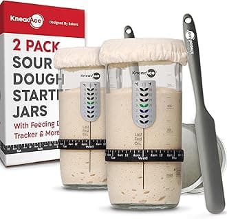 KNEADACE Sourdough Starter Jar With Date Marked Feeding Band, Thermometer, Sourdough Jar Scraper, Sourdough Container Sewn Cloth Cover & Metal Lid, Sourdough Starter Kit (2 Pack)