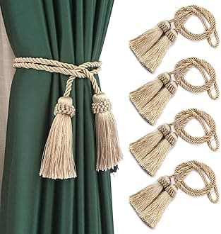 Fenghuangwu Curtain Tiebacks Handmade Decorative Curtain Holdbacks Rope with Tassel (Beige, 4 Pack)