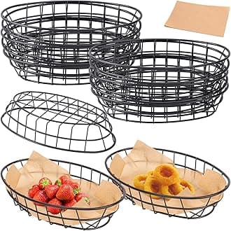 13 Pack Wire Bread Basket with 50 Sheets Deli Wrappers Paper, 9.65 x 6.1 x 2.17 Inch Metal Oval Bread Basket for Food & Fruit Serving – Durable Black Wire Baskets for Home & Kitchen