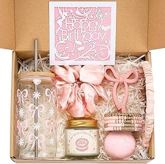 Birthday Gifts for Women, Teen Girl, Girl, Her, Sister, Daughter, Friends - Charming Birthday Happy 8-in-1 Gift Box Set with Delicate Pink Bow Printed Glass Cup & 7 Other Adorable Items (16oz)