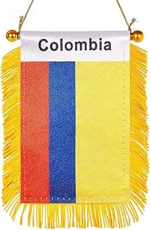 WXTWK 3 X 5 Inch Colombia Flag Colombian Window Hanging Flag Small Mini Car Flags Banners Rearview Mirror Decoration With Suction Cup Golden Fringy Banner