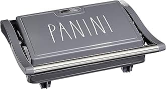 Rae Dunn Panini Maker - 750 Watt 2-Slice Press Grill with Indicator Lights | Opens 180 Degrees | Double Sided Heating | Non-stick Cooking | Cool Touch Handle | Easy to Clean, Grey
