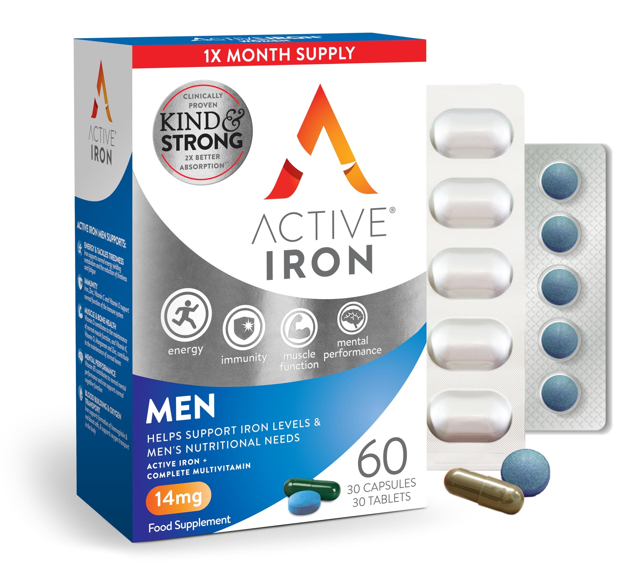 Active Iron For Men | 30 Iron Tablets & 30 Multivitamin Tablets | Iron Supplement With Zinc, Vitamin C, D and High Dose B Vitamins | 1-Month Supply