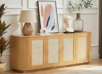64" Sideboard Buffet Cabinet with Storage, Wooden Fluted Storage Cabinet Sideboard with Adjustable Shelves Pressed Spring Rattan Doors for Kitchen Living Room (Natural)