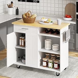 SUNLEI Kitchen Island on Wheels with Storage Cabinet & Drawer, 42" Multifunction Kitchen Cart Cabinet with Shelves, Cart Handle for Towel Rack or Free Mobility, Portable Islands for Kitchen(White)