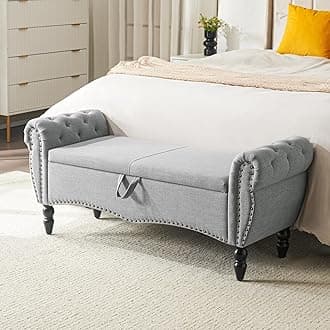 51.75" Storage Ottoman Bench for Living Room, Modern Bedroom Benches with Rolled Arm Upholstered End of Bed Bench Shoe Storage Indoor Bench with Wood Legs Entryway Bench, Grey, Linen
