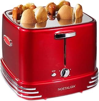Nostalgia 4 Slot Bun Mini Tongs, Hot Dog Toaster Works with Chicken, Turkey, Veggie Links, Sausages and Brats, Retro Red, Aluminum