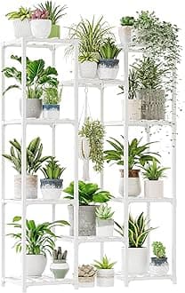 White Plant Stand Indoor/Outdoor Ladder Plant Rack, 3 Tiers for 7 Pots, Living Room Boho Decor