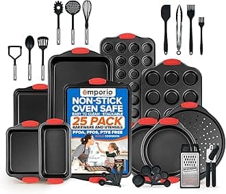 Baking Pan Set - Nonstick Coating, Carbon Steel Bakeware Set with Red Silicone Handles, PFOA, PFOS, PTFE Free, Recipe Booklet Included, Oven Safe Tray (Up To 450° F), Set of 25 - Black