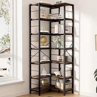 7-Tier Corner Bookshelf, 80" Tall Corner Bookcase,7-Shelf Industrial L-Shaped Coner Shelf with Metal Frame for Home Office,Living Room,Bed Room(Rustic Brown)